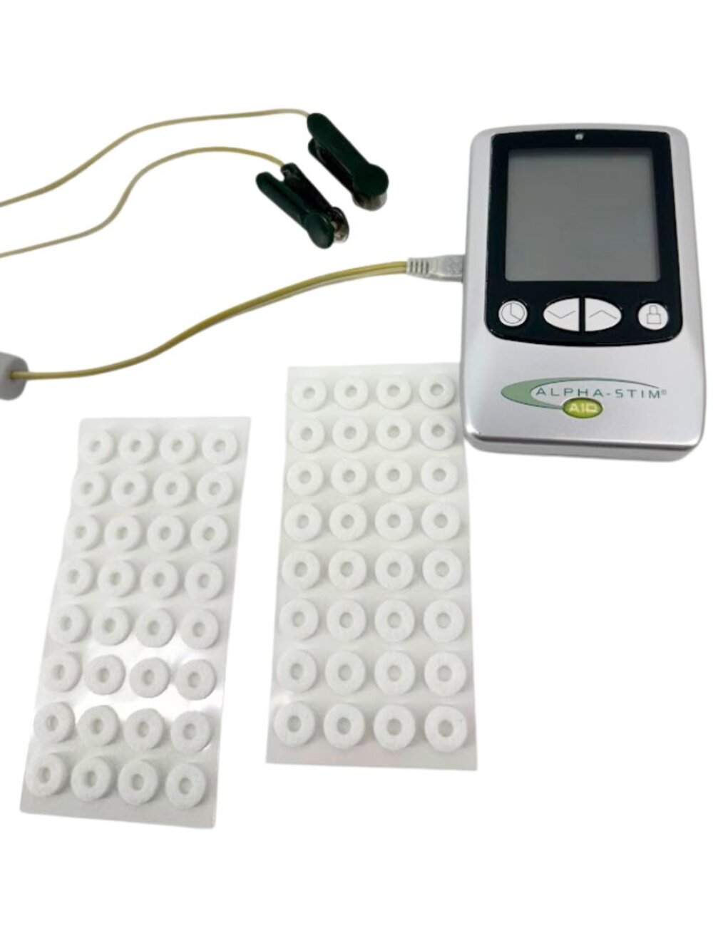Alpha-Stim AID device, earclips, & felt pads